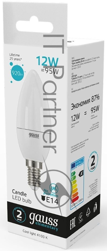 Лампа светодиодная Gauss Elementary 12Вт цок.:E14 свеча 220B 4100K св.свеч.бел.нейт. C37 (упак.:10шт) (33122)