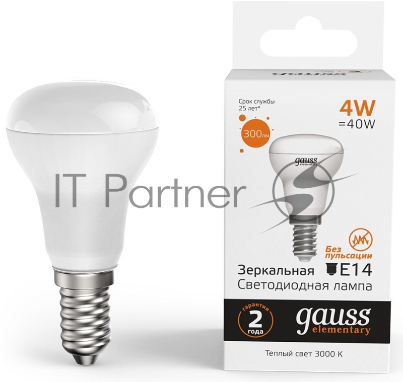 Лампа светодиодная Gauss Elementary 63114 4Вт цок.:E14 рефлек. 220B 3000K св.свеч.бел.теп. (упак.:10шт)