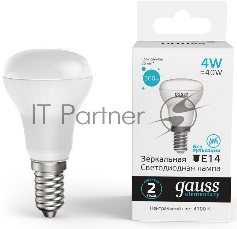 Лампа светодиодная Gauss Elementary 63124 4Вт цок.:E14 рефлек. 220B 4100K св.свеч.бел.нейт. (упак.:10шт)