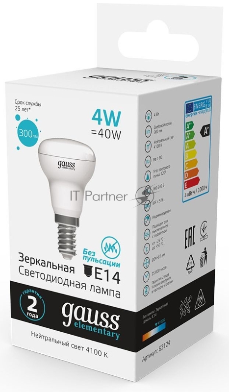 Лампа светодиодная Gauss Elementary 63124 4Вт цок.:E14 рефлек. 220B 4100K св.свеч.бел.нейт. (упак.:10шт)