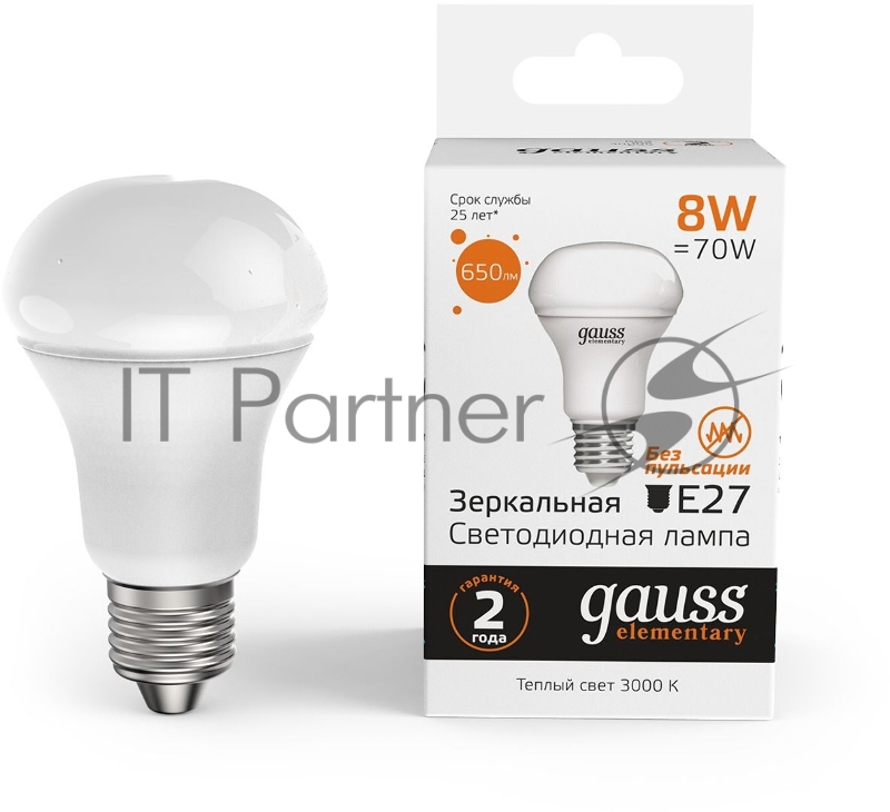Лампа светодиодная Gauss Elementary 63218 8Вт цок.:E27 рефлек. 180B 3000K св.свеч.бел.теп. (упак.:10шт)