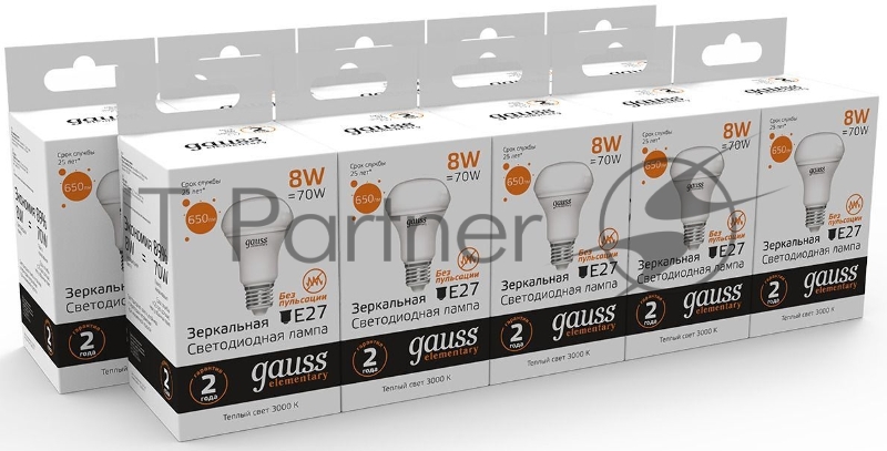 Лампа светодиодная Gauss Elementary 63218 8Вт цок.:E27 рефлек. 180B 3000K св.свеч.бел.теп. (упак.:10шт)