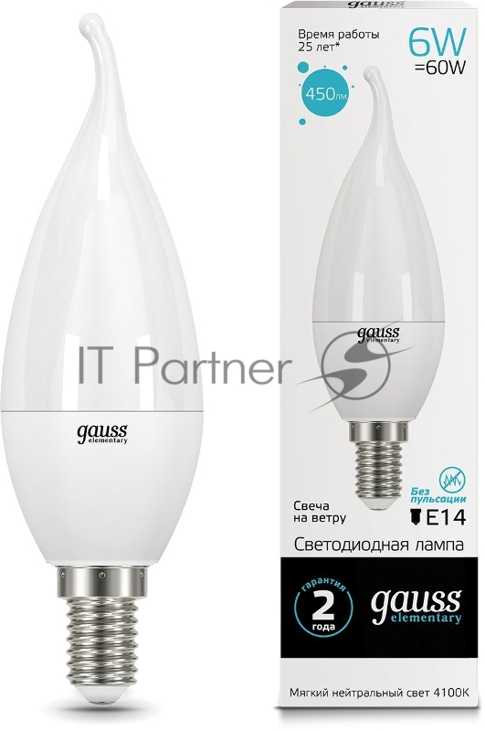 Лампа светодиодная Gauss Elementary 6Вт цок.:E14 свеча 220B 4100K св.свеч.бел.нейт. (упак.:10шт) (34126)