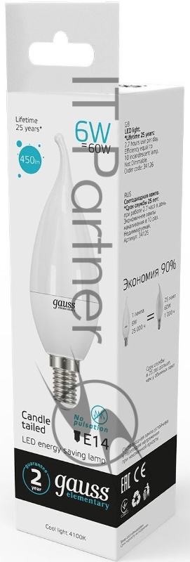 Лампа светодиодная Gauss Elementary 6Вт цок.:E14 свеча 220B 4100K св.свеч.бел.нейт. (упак.:10шт) (34126)