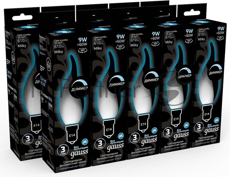 Лампа светодиодная Gauss Filament 104201209-D 9Вт цок.:E14 свеча 220B 4100K св.свеч.бел.нейт. (упак.:10шт)