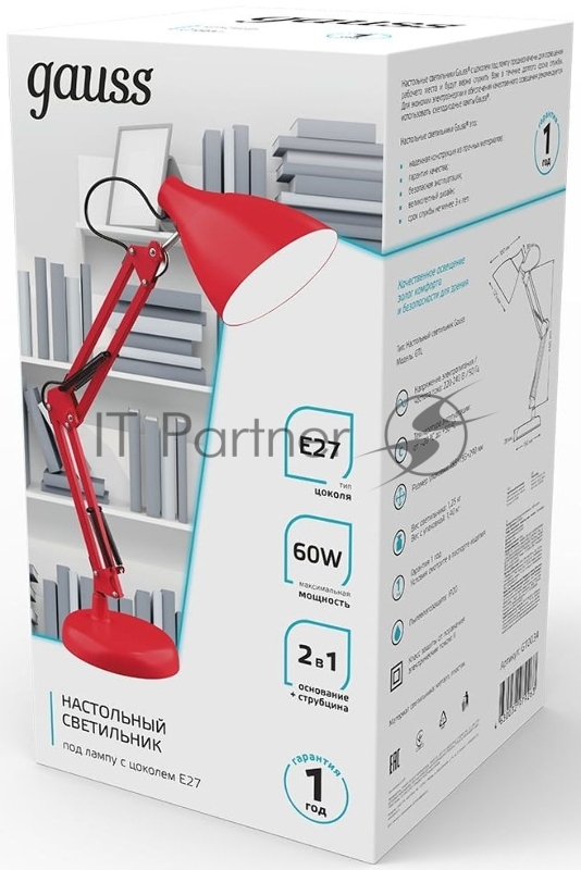 Светильник Gauss GT0034 настольный на струбцине/основание E27 красный 60Вт