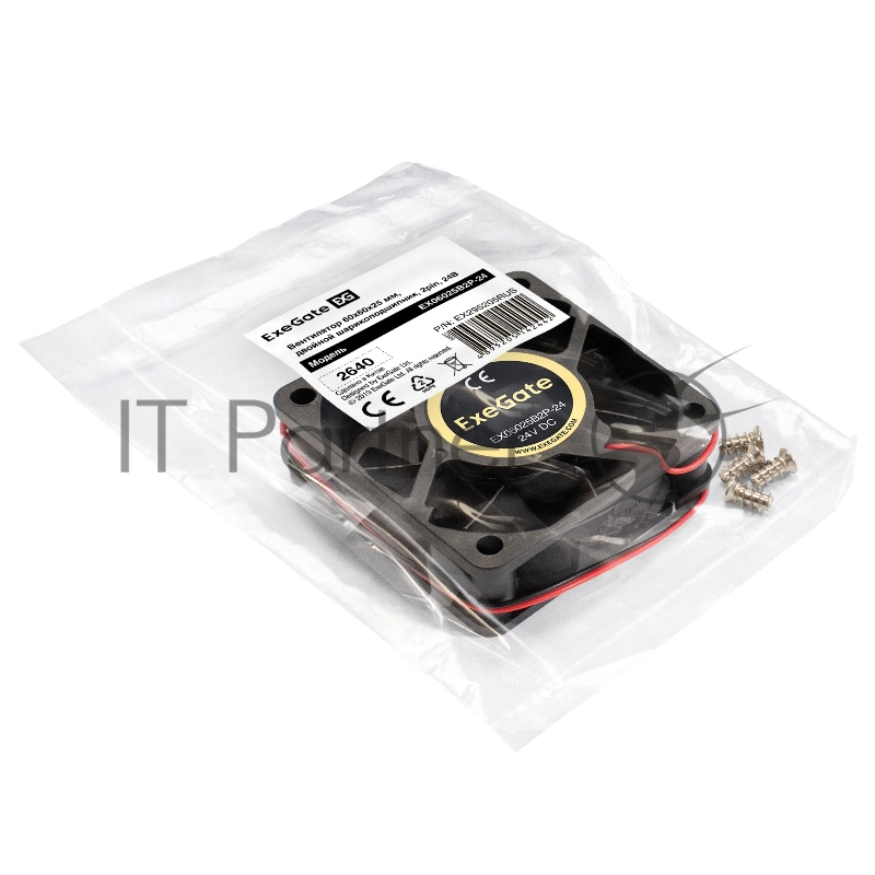 Вентилятор 24В DC ExeGate EX06025B2P-24 (60x60x25 мм, 2-Ball (двойной шарикоподшипник), 2pin, 5100RPM, 34dBA)