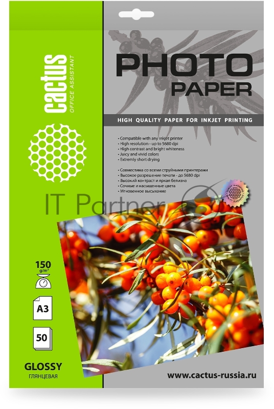 Фотобумага Cactus CS-GA315050 A3/150г/м2/50л./белый глянцевое для струйной печати