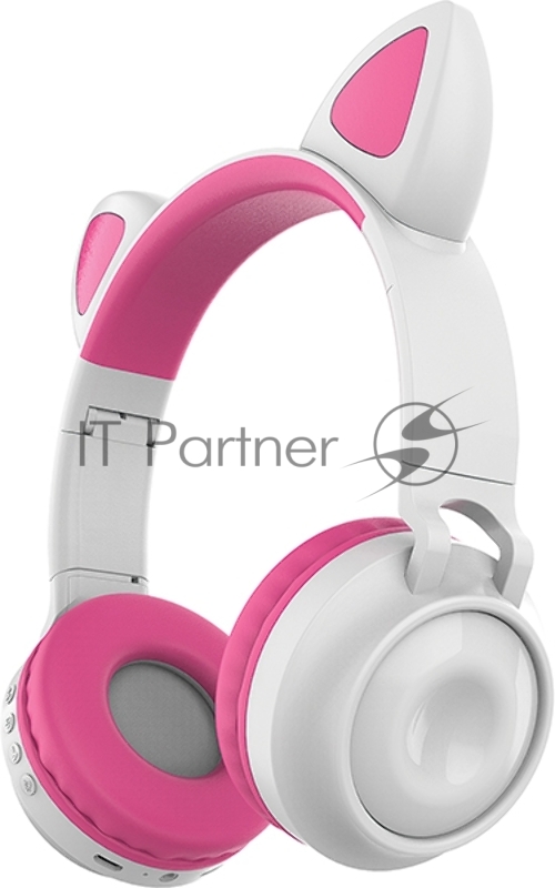 Гарнитура BT QUMO Party Cat ВТ 0025 (бело-розовая) c подсветкой, FM-радио, MicroSD, накладная, Bluetooth 5.0+EDR, 360 мА-ч, до 10 часов работы, пластик+экокожа.
