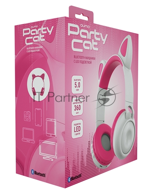 Гарнитура BT QUMO Party Cat ВТ 0025 (бело-розовая) c подсветкой, FM-радио, MicroSD, накладная, Bluetooth 5.0+EDR, 360 мА-ч, до 10 часов работы, пластик+экокожа.