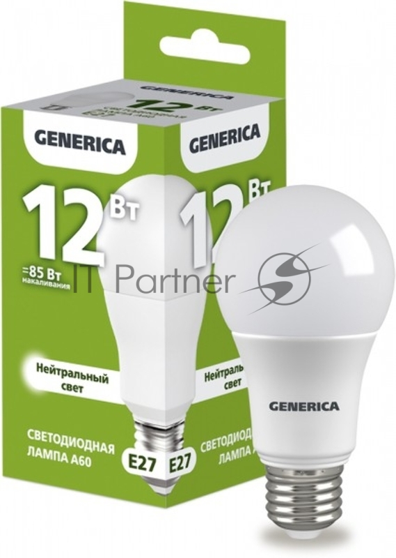 Лампа светодиодная A60 груша 12Вт 230В 4000К E27 GENERICA
