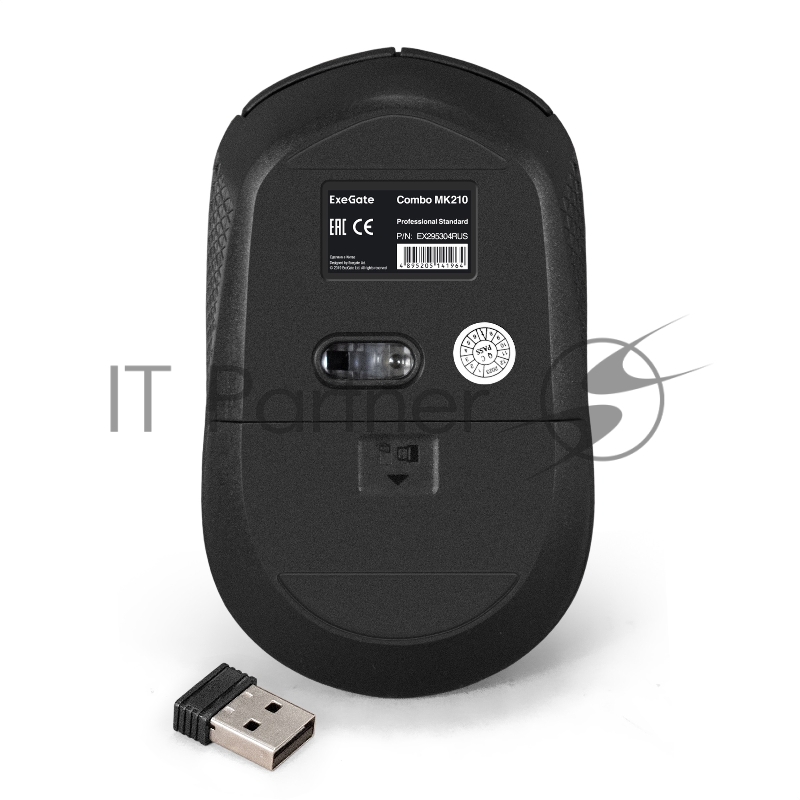 Комплект беспроводной ExeGate Professional Standard Combo MK210 (клавиатура полноразмерная влагозащищенная 104кл. + мышь оптическая 1200dpi, 3 кнопки и колесо прокрутки USB, радиоканал 2,4 ГГц, радиус действия до 10м, черный, Color Box)