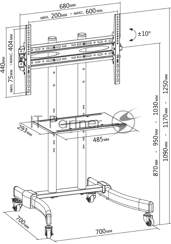 Стойка для телевизора Cactus CS-ST1030BK черный 37-70 макс.50кг напольный мобильный