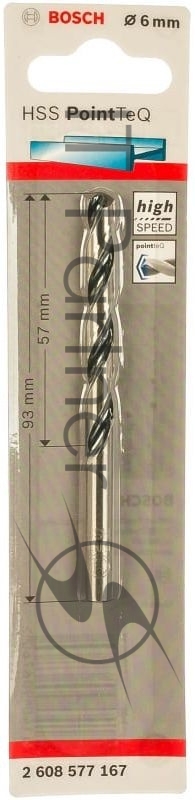 Сверло Bosch HSS PointTeQ (2608577167) по металлу Д=6мм Дл=93мм (1пред.) для дрелей