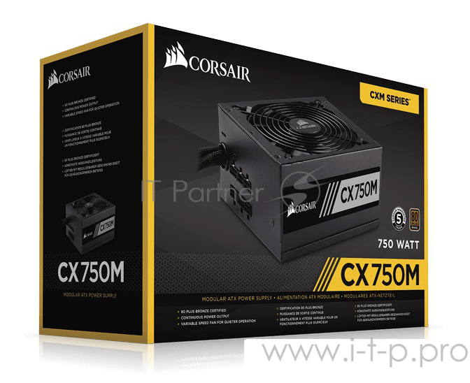 Блок питания 750Вт Corsair CX750M CP-9020061-EU ATX12V V2.3 (20/24+4/8+6/8pin, вентилятор d140мм) + кабель питания EURO (1.5м)