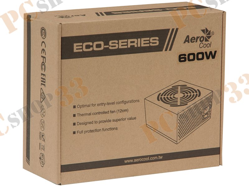 Блок питания 600Вт Aerocool ECO-600W ATX12V V2.3 (20/24+4/8+6/8pin, вентилятор d120мм) + кабель питания EURO (1.1м)