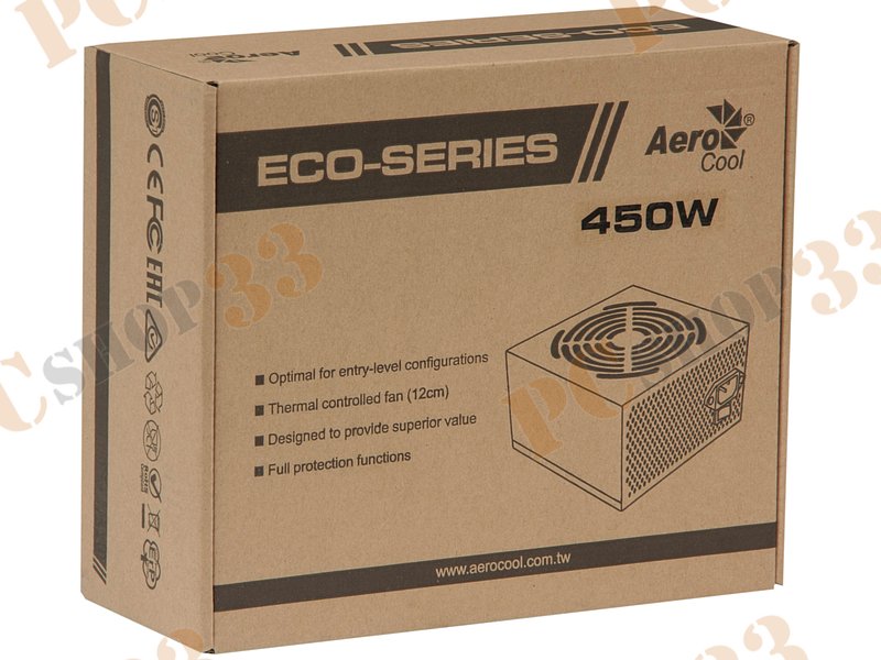 Блок питания 450Вт Aerocool ECO-450W ATX12V V2.3 (20/24+4+6pin, вентилятор d120мм) + кабель питания EURO (1.1м)