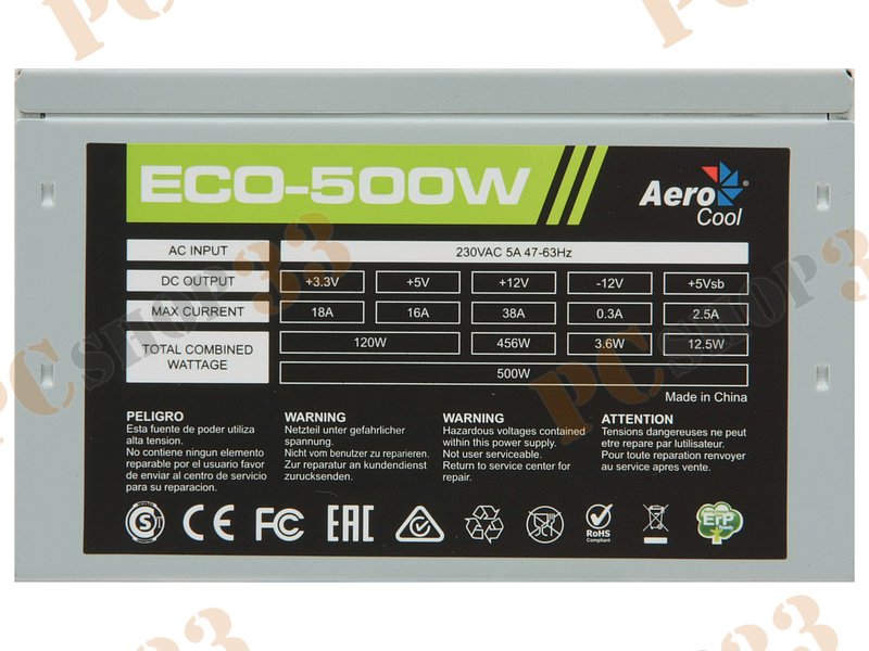 Блок питания 500Вт Aerocool ECO-500W ATX12V V2.3 (20/24+4+6pin, вентилятор d120мм) + кабель питания EURO (1.1м)
