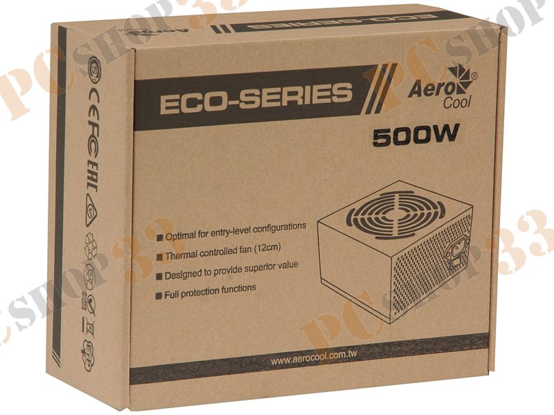Блок питания 500Вт Aerocool ECO-500W ATX12V V2.3 (20/24+4+6pin, вентилятор d120мм) + кабель питания EURO (1.1м)