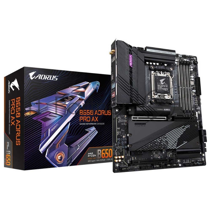 Материнская плата Gigabyte B650 AORUS PRO AX, Socket AM5, AMD B650, 4xDDR5-5200, HDMI, 2xPCI-Ex16, 1xPCI-Ex1, 4xSATA3(RAID 0/1/10), 3xM.2, 8 Ch Audio, 2.5GLan, WiFi, (4+4)xUSB2.0, (7+2)xUSB3.2, (1+1)xUSB3.2 Type-C™, ATX, RTL {}