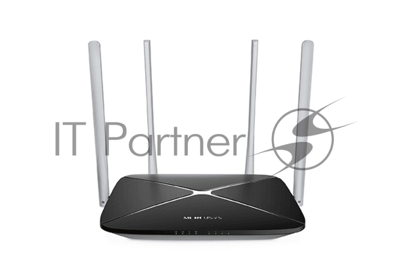 Беспроводный маршрутизатор Mercusys AC12, Dual Band, (867Мбит/с на 5 ГГц + 300Мбит/с на 2,4 ГГц) 4 порта 100 Мбит/с, 4 фиксированных антенны