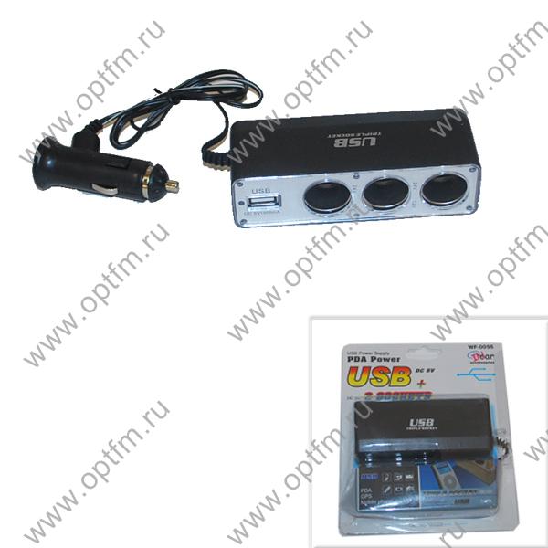 Разветвитель на 3 прикуривателя с проводом с USB выходом (1A) WF-0120