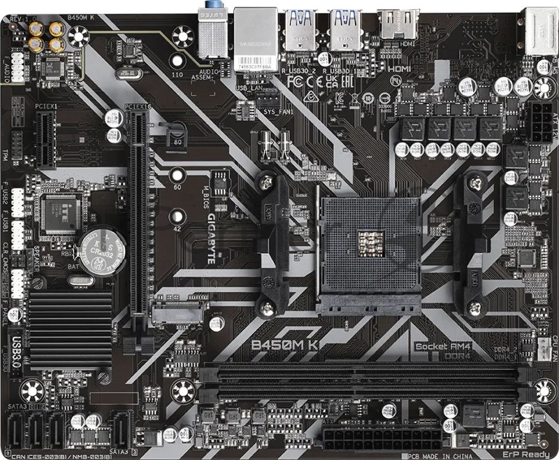 Материнская плата Gigabyte B450M K, Socket AM4, AMD B450, 2xDDR4-2933, HDMI, 1xPCI-Ex16, 1xPCI-Ex1, 4xSATA3, 1xM.2, 8 Ch Audio, GLan, mATX, RTL