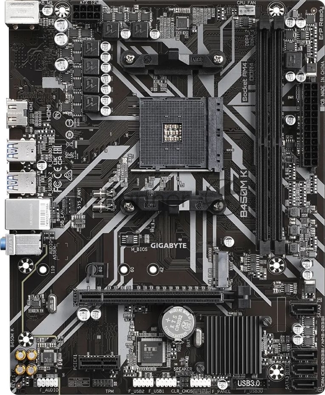 Материнская плата Gigabyte B450M K, Socket AM4, AMD B450, 2xDDR4-2933, HDMI, 1xPCI-Ex16, 1xPCI-Ex1, 4xSATA3, 1xM.2, 8 Ch Audio, GLan, mATX, RTL