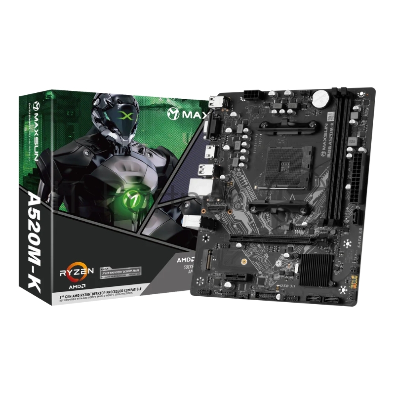 Материнская плата Maxsun MS-Challenger A520M-K AM4, A520, 2xDDR4, 1xPCI-E 16X1xPCI-E 1X2xM.2, Front2xUSB3.0, 2xUSB2.0, Rear4xUSB2.0, 2xUSB3.0, 3xSATA 3.0, 1GLan, HDMI+DP, mATX, RTL