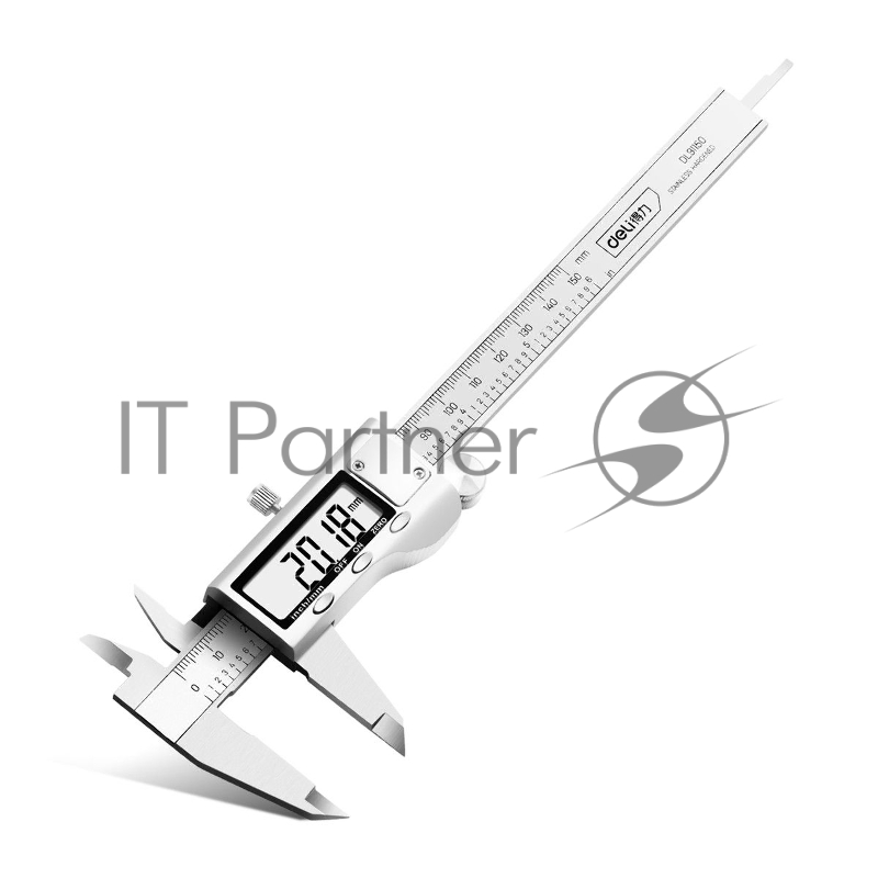 Электронный штангенциркуль Deli DL91150 150мм, метрическая/дюймовая конвертация, нержавеющая сталь, 3 кнопочное управление, светодиодный дисплей, 1,5В SR44.