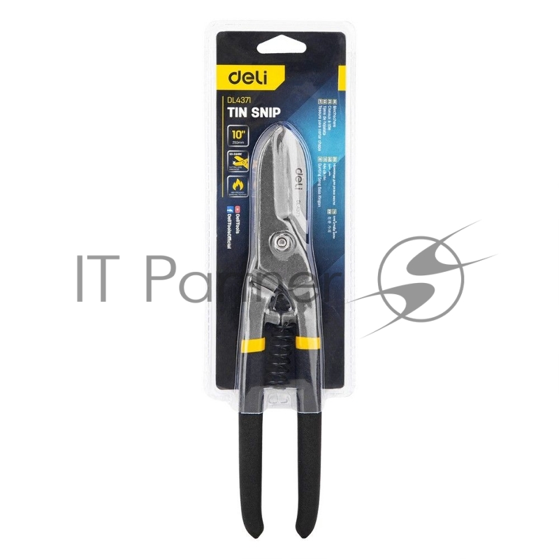 Ножницы по металлу прямые Deli DL4371 250мм, высокоуглеродистая сталь 55, прорезиненная рукоятка