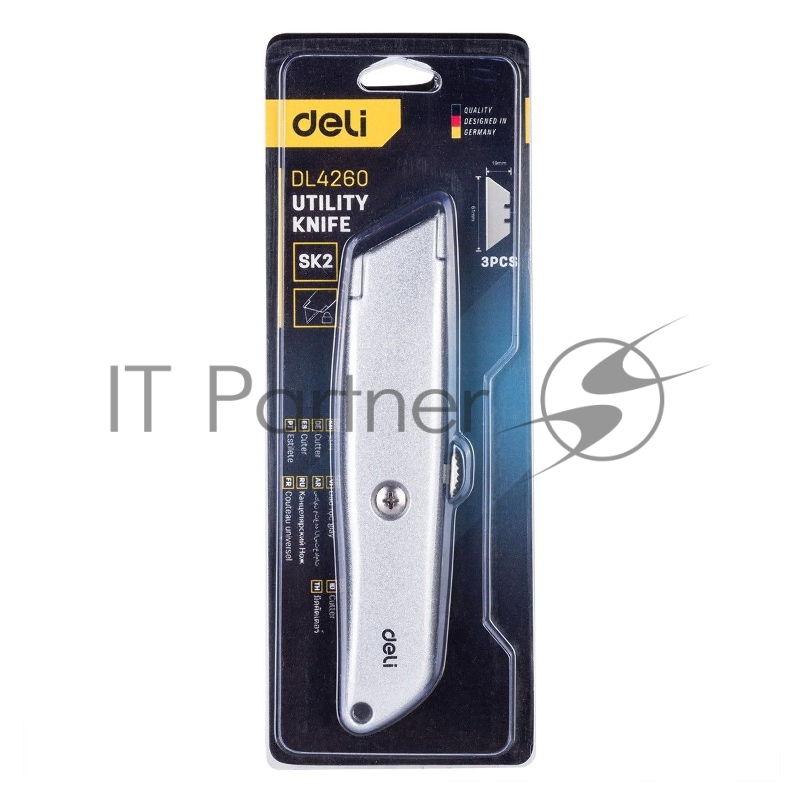 Универсальный нож с Т-образным лезвием Deli DL4260 19мм, длина 153 мм, в комплекте 3 лезвия SK5, алюминиевый корпус