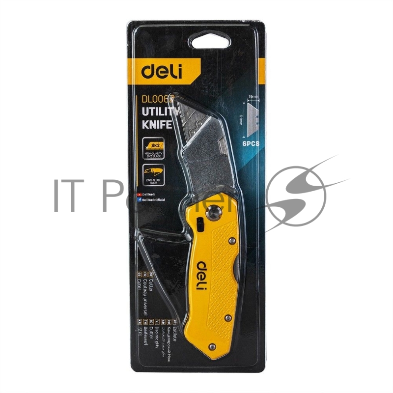 Строительный складной нож с Т-образным лезвием Deli DL006Z в комплекте 6 лезвий, сталь SK2, рукоятка из цинкового сплава