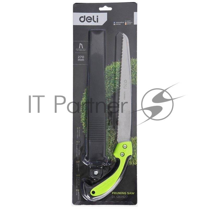 Садовая пила с ножнами Deli DL580927 270мм, сталь 65Mn, шаг зубьев 7TPI, обрезиненая ручка, шлифовка зубов с 3-х сторон, двухрядное распределение кромок
