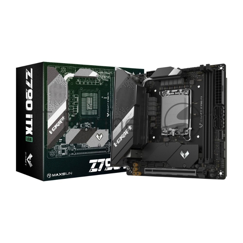 Материнская плата Maxsun MS-iCraft Z790ITX WIFI 1700, Z790, 2xDDR5, 1xPCIEx16,2xM.2, Front1xType-C,2xUSB3,3xUSB2, Rear1xType-C,4xUSB3,4xUSB2, 4xSATA3, 2,5GLan, HDMI+DP, Mini-ITX, RTL