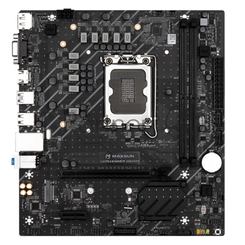 Материнская плата Maxsun MS-Challenger H610M 1700, H610, 2xDDR4, 1xPCIEx16,1xPCIEx1,1xM.2, Front2xUSB3,2xUSB2, Rear4xUSB2,2xUSB3, 3xSATA3, 1GLan, VGA+HDMI+DP, mATX, RTL