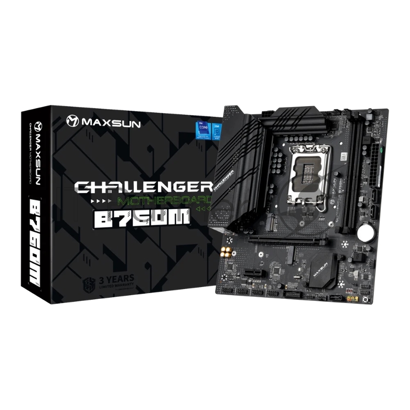 Материнская плата Maxsun MS-Challenger B760M 1700, B760, 2xDDR4, 1xPCIEx16,1xPCIEx1,2xM.2, Front2xUSB3,4xUSB2, Rear4xUSB3,2xUSB2, 3xSATA3, 1GLan, VGA+HDMI, mATX, RTL