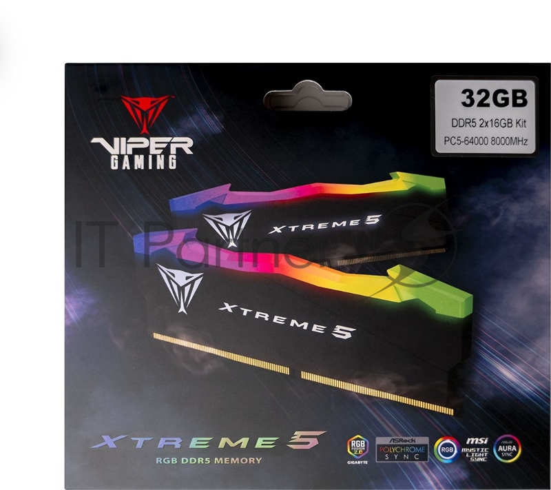 Память Patriot PVXR532G80C38K DDR5 2x16Gb 8000MHz Viper Xtreme 5 RGB RTL Gaming PC5-64000 CL38 DIMM 288-pin 1.45В с радиатором Ret