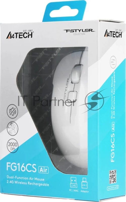 Мышь A4Tech Fstyler FG16CS Air белый оптическая (2000dpi) silent беспроводная USB для ноутбука (3but)