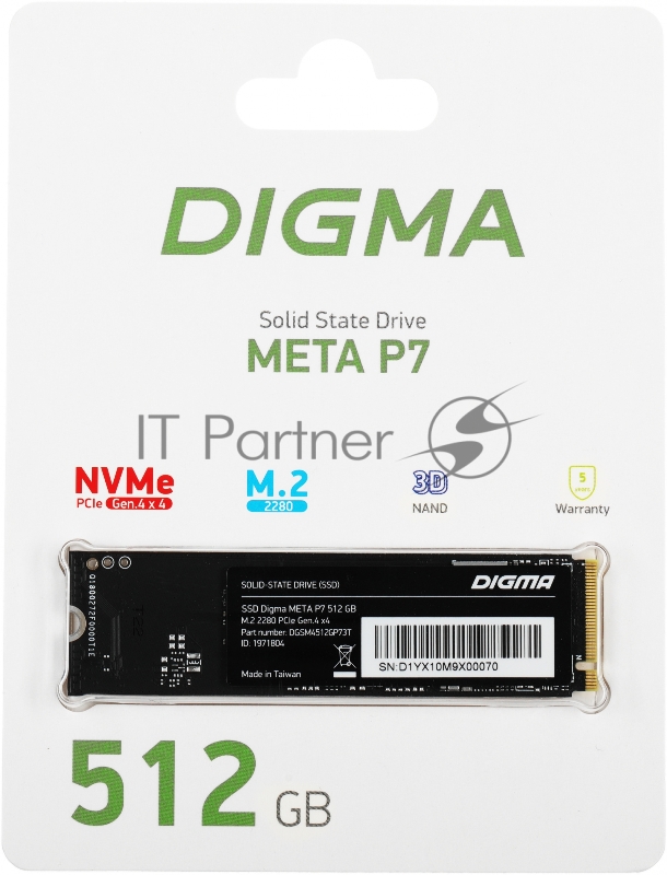 Накопитель SSD Digma PCIe 4.0 x4 512GB DGSM4512GP73T Meta P7 M.2 2280