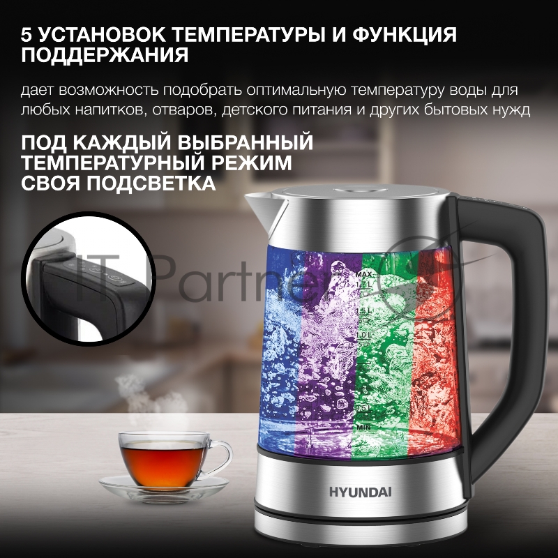 Чайник электрический Hyundai HYK-G7406 1.7л. 2200Вт черный/серебристый (корпус: стекло)
