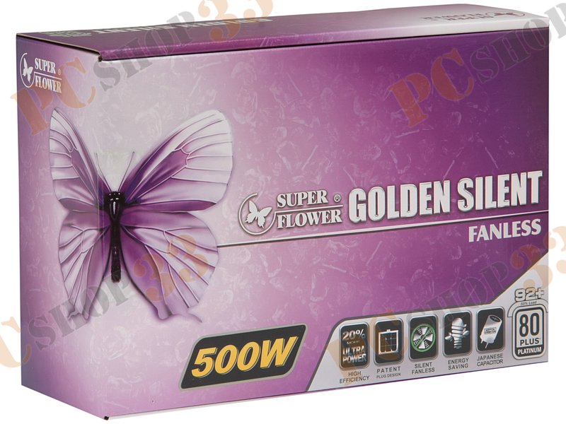 Блок питания 500Вт Super Flower Golden Silent Fanless SF-500P14FG ATX12V V2.2 (20/24+4/8+6/8pin, без вентилятора) + кабель питания EURO (1.4м)