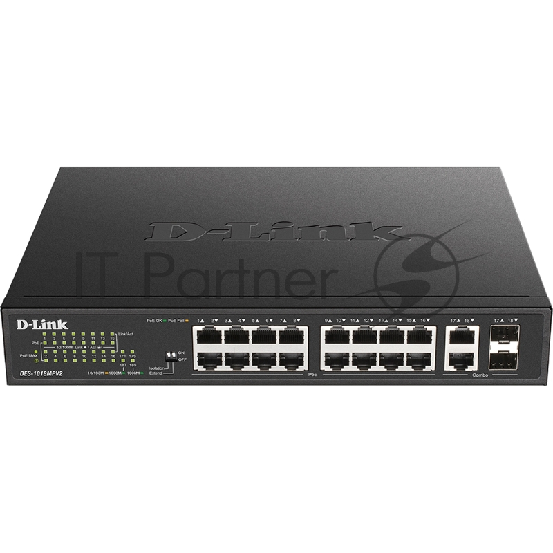 Коммутатор DES-1018MPV2/E Unmanaged Switch 16x100Base-TX PoE, 2xCombo 1000Base-T/SFP, PoE Budget 247W, Long-range PoE up to 250m, metal case