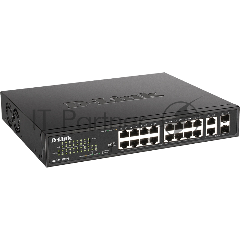 Коммутатор DES-1018MPV2/E Unmanaged Switch 16x100Base-TX PoE, 2xCombo 1000Base-T/SFP, PoE Budget 247W, Long-range PoE up to 250m, metal case