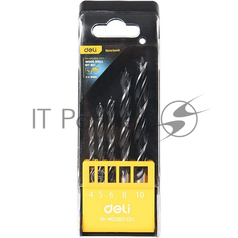 Набор сверл по дереву 5 шт (4/5/6/8/10 мм) Deli DH-MGZ005-ED1 сталь 45#, пласт.кейс