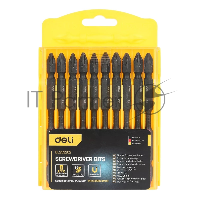 Набор двухсторонних торсионных бит для ударных шуруповертов 10 шт Deli DL253202 PH2*100мм, сталь S2, пласт.кейс