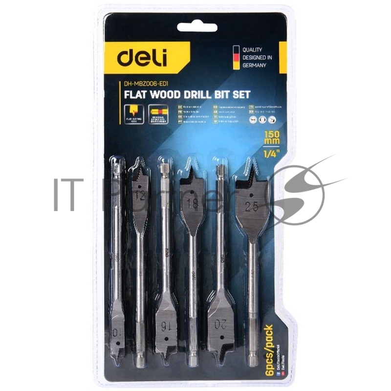 Набор перовых сверл по дереву 6 шт (10/12/16/18/20/25мм) Deli DH-MBZ006-ED1 длина 150мм, 1/4, блистер