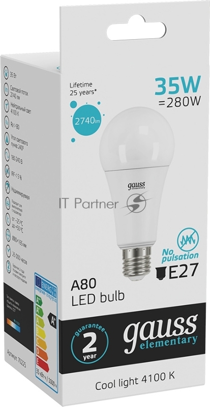 Лампа светодиодная Gauss Elementary A67 35Вт цок.:E27 груша 220B св.свеч.бел.нейт. А67 (упак.:10шт) (70225)