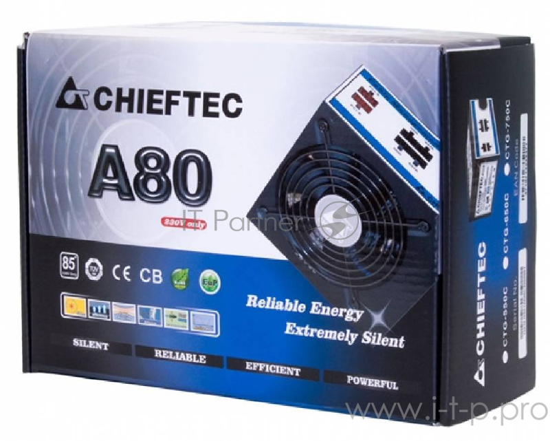 Блок питания 650Вт Chieftec A80 CTG-650C ATX12V V2.3 (24+4+6/8+8pin, вентилятор d120мм) + кабель питания EURO (1.5м)