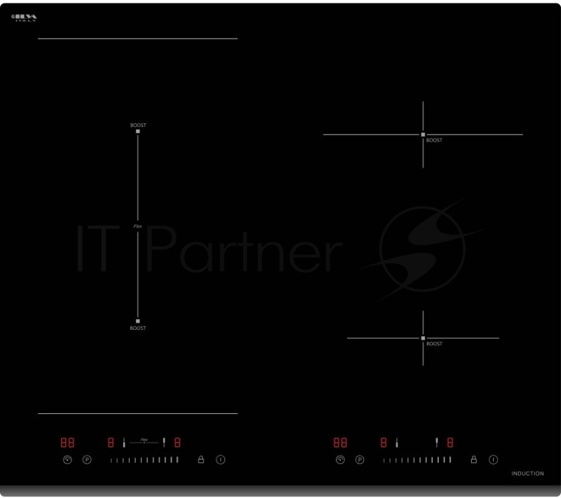 Индукционная варочная поверхность стеклокерамическая, Ширина: 60 см Стекло: ILVA4 конфорки индукционного нагрева: 1х диаметром ?,160 мм 1200/1500Вт 1 х диаметром ?,210 мм 2300/3000 Вт 2х диаметром ?,210*190мм 1800/2100 Вт 1 зона нагрева Зона нагрева